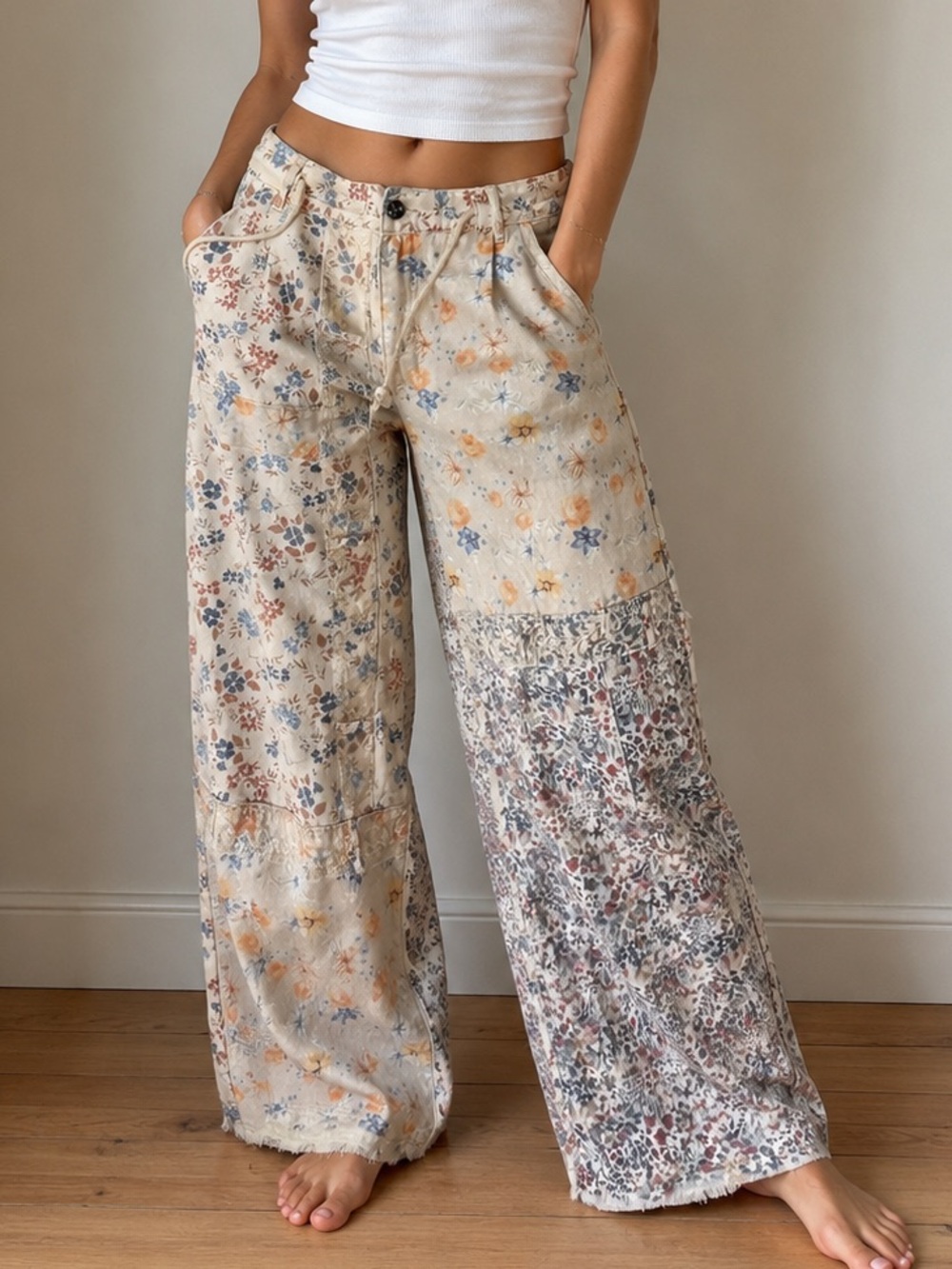 POL Cream Floral Patchwork Wide-Leg Pants